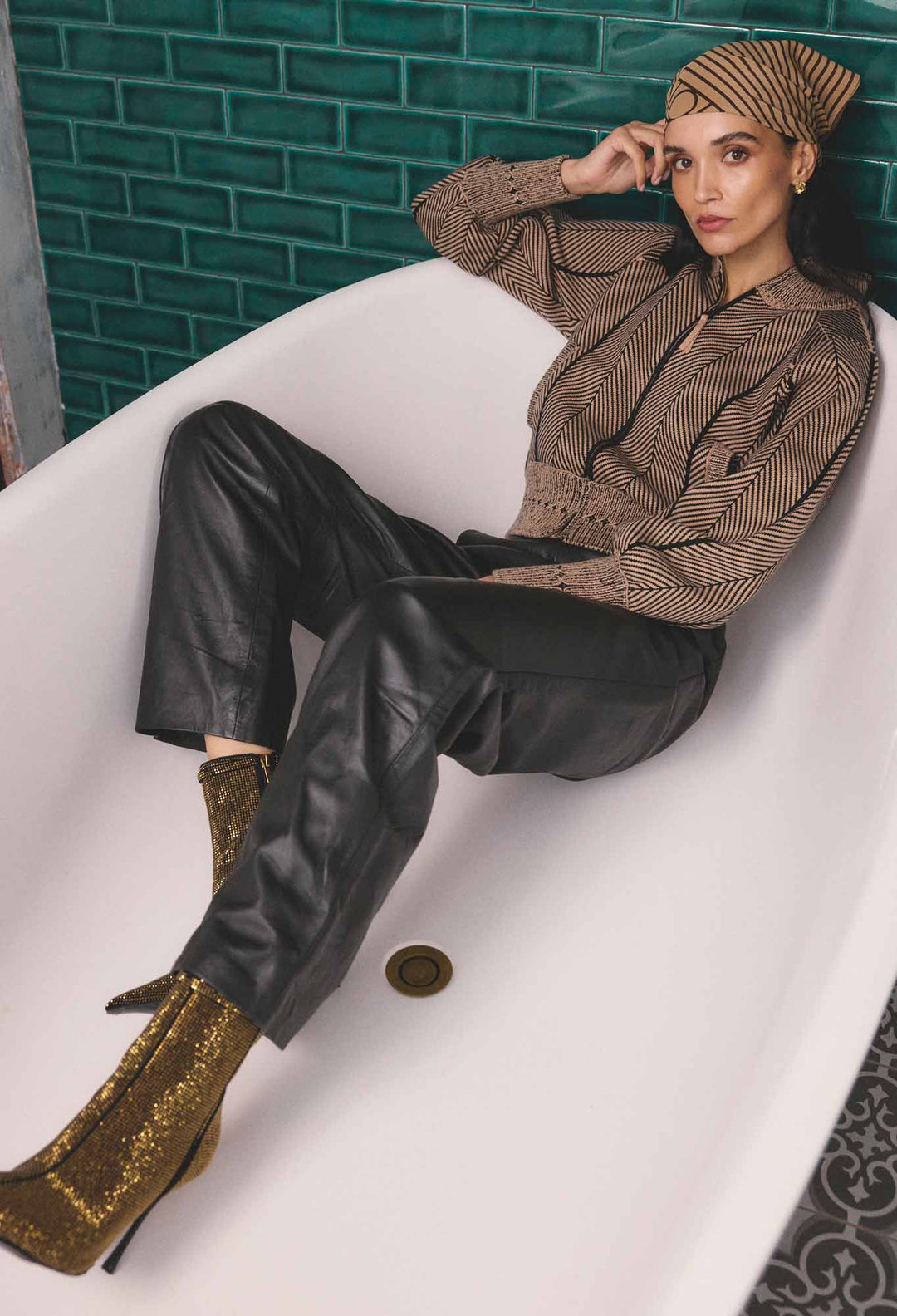 OnceWas Joan Genuine Leather Elasticated Waist Straight Pant in Black