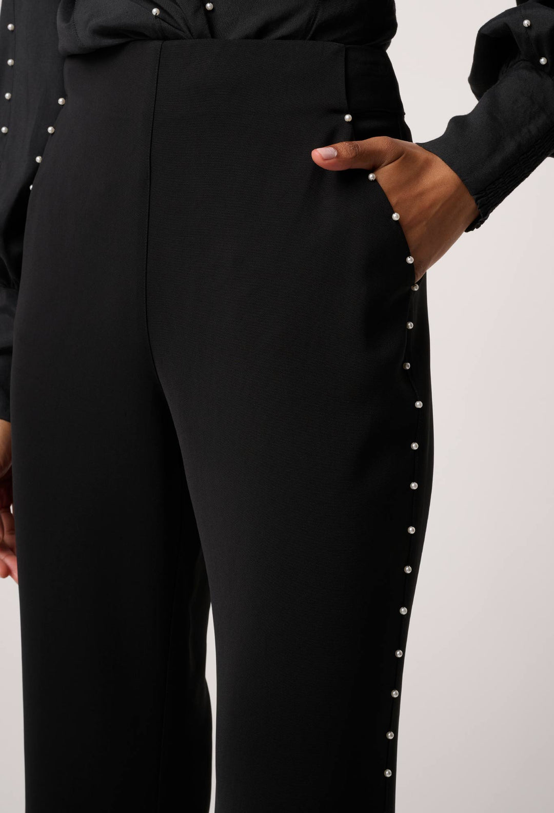 OnceWas Marcela Pearl Embellished Viscose Stretch Pant in Black