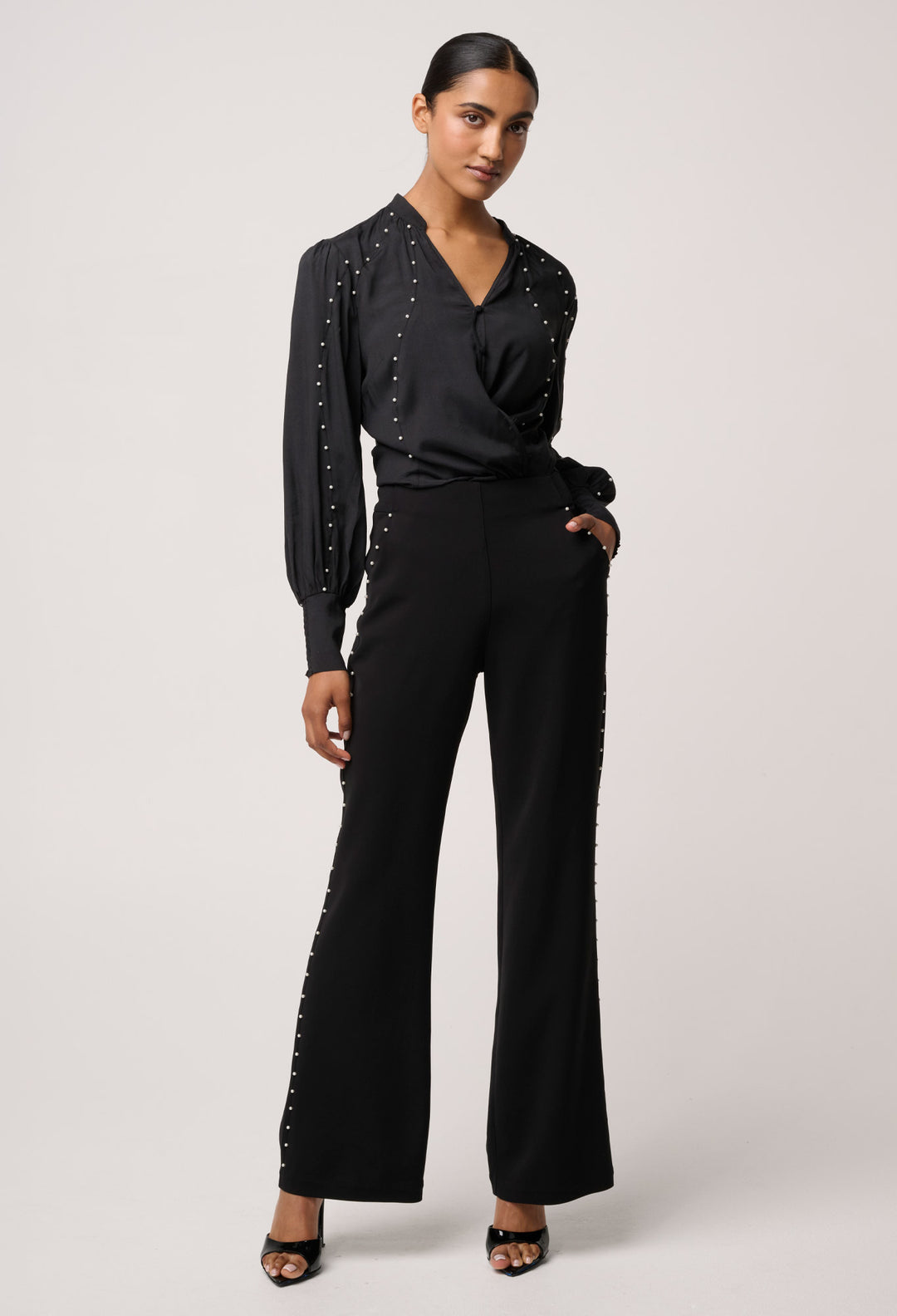 OnceWas Marcela Pearl Embellished Viscose Stretch Pant in Black