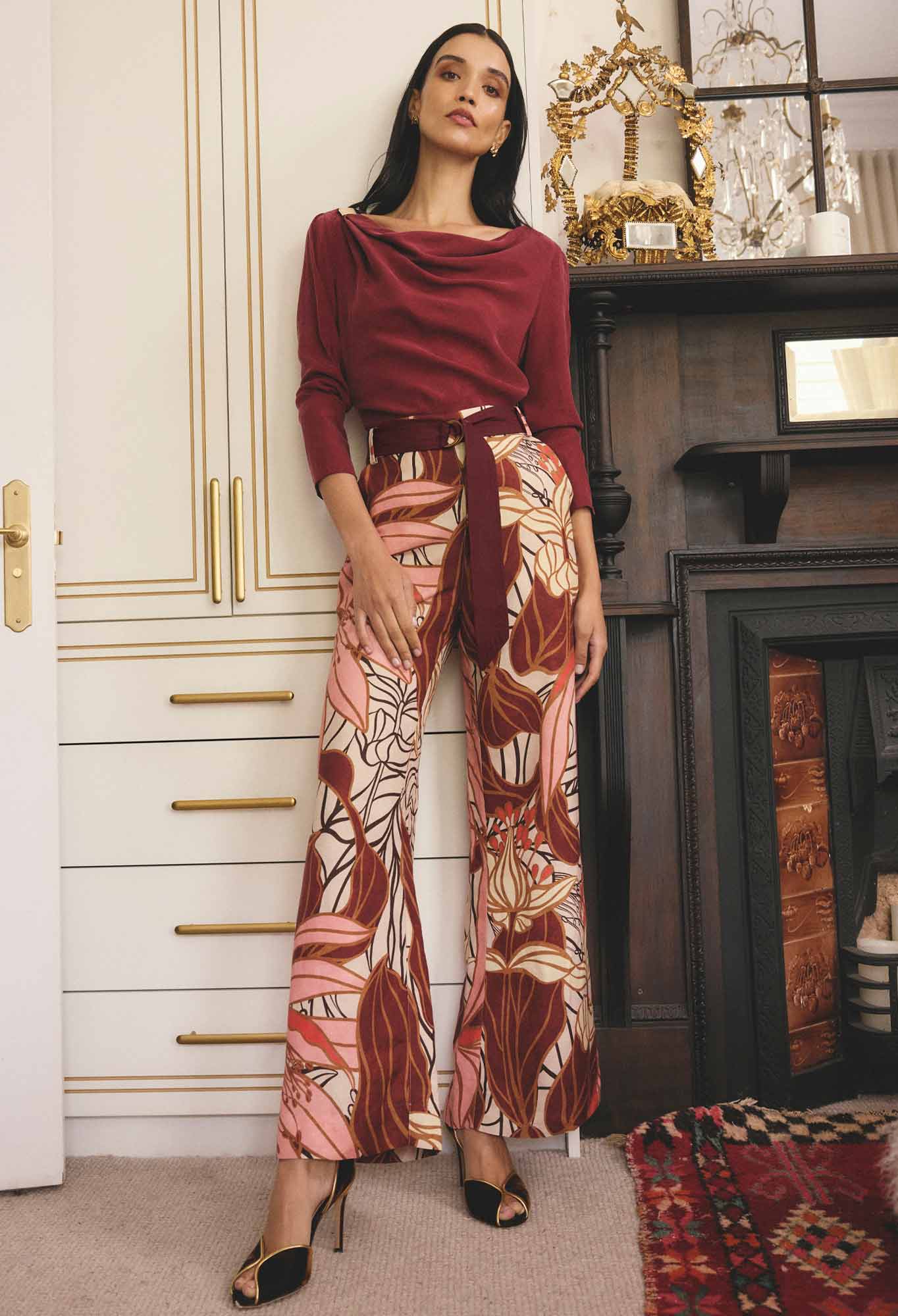 OnceWas Adele Linen Viscose Belted Printed Pant in Cathedral Botanic