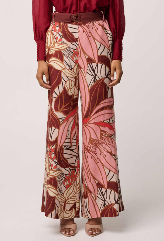 OnceWas Adele Linen Viscose Belted Printed Pant in Cathedral Botanic