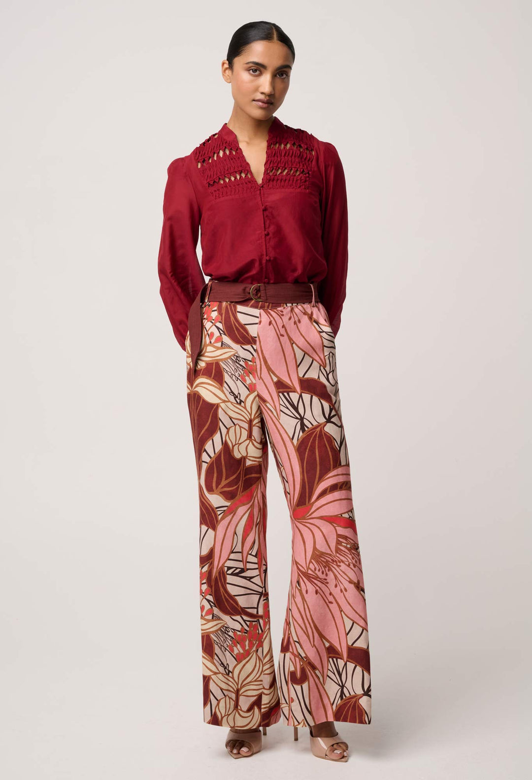 OnceWas Adele Linen Viscose Belted Printed Pant in Cathedral Botanic
