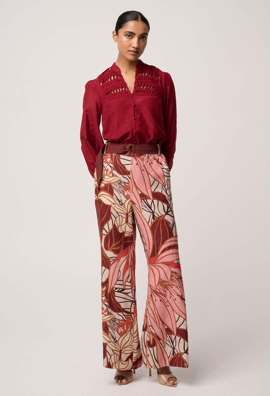 OnceWas Adele Linen Viscose Belted Printed Pant in Cathedral Botanic