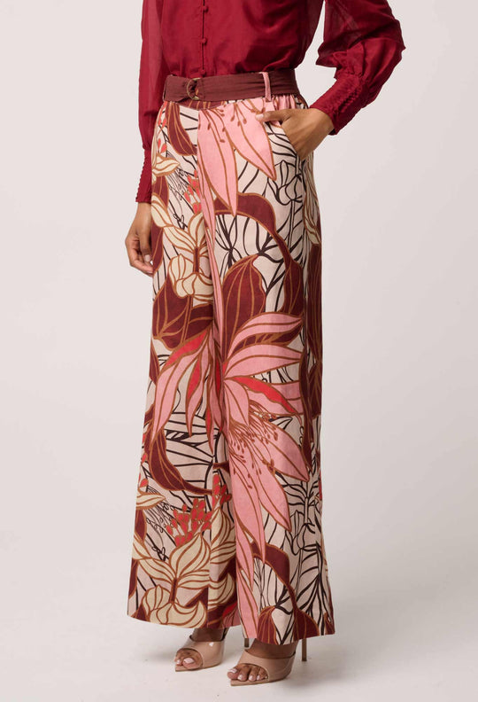 OnceWas Adele Linen Viscose Belted Printed Pant in Cathedral Botanic