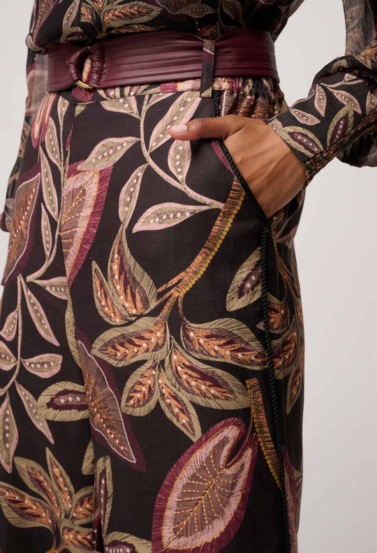 OnceWas Adele Linen Viscose Belted Printed Pant in Dark Tropique