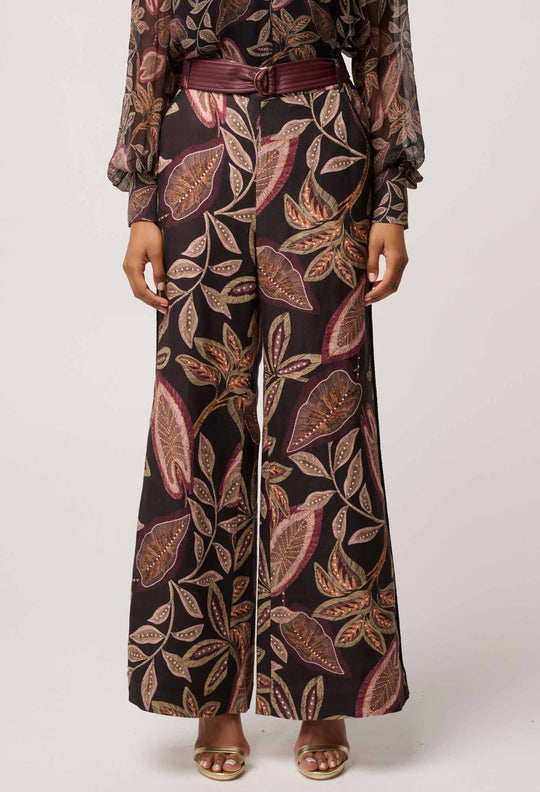 OnceWas Adele Linen Viscose Belted Printed Pant in Dark Tropique