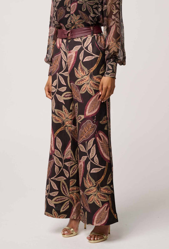 OnceWas Adele Linen Viscose Belted Printed Pant in Dark Tropique