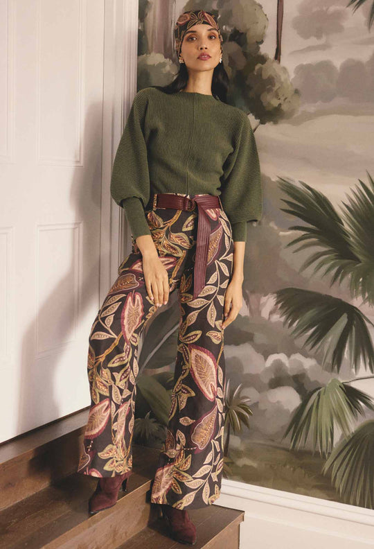 OnceWas Adele Linen Viscose Belted Printed Pant in Dark Tropique