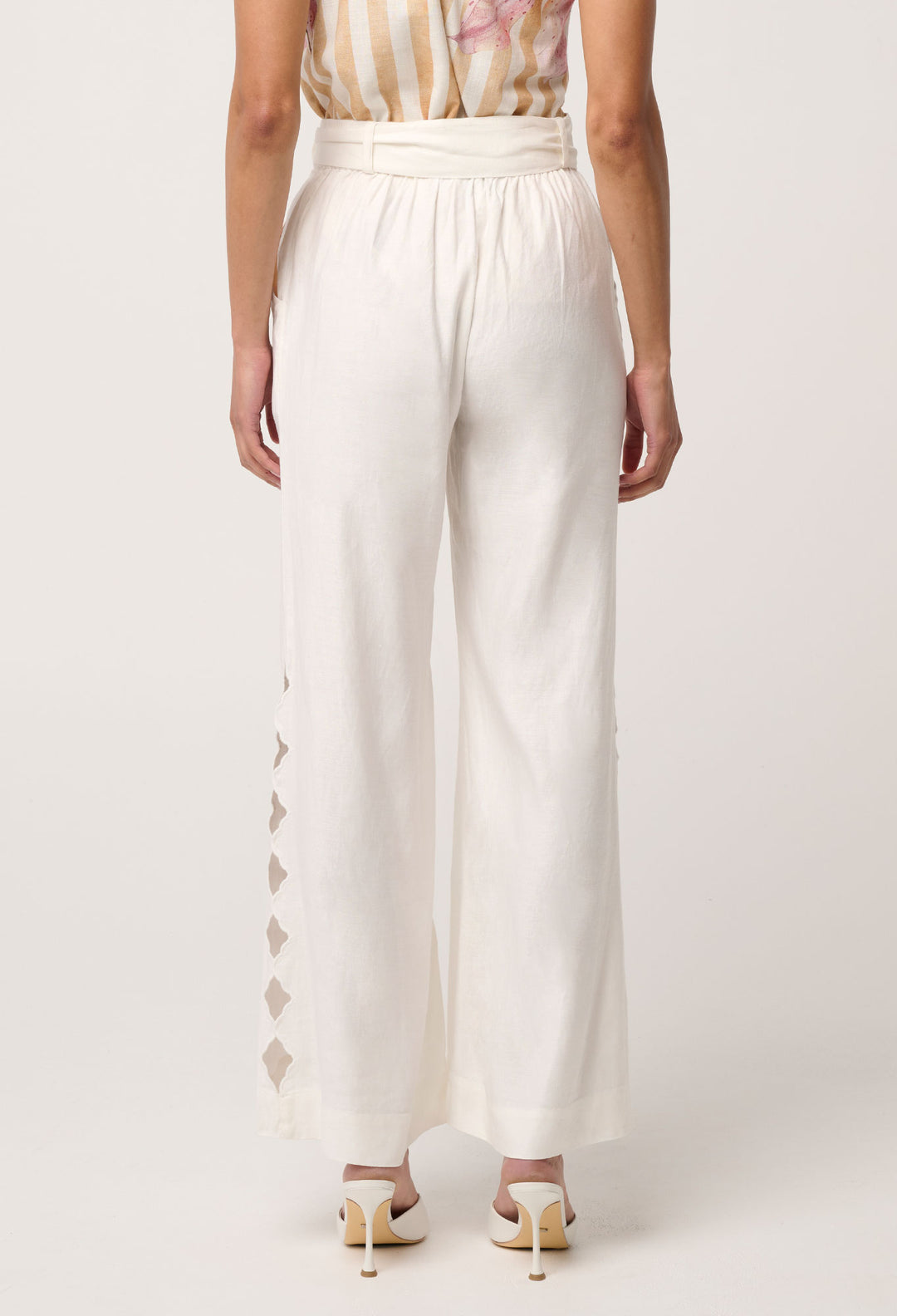 Kayla Stretch Linen Viscose Embroidered Pant in Ivory