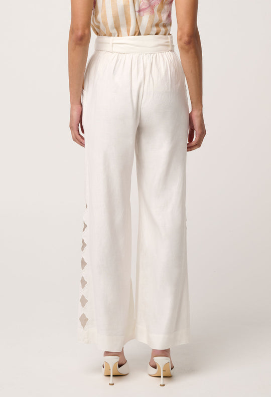 Kayla Stretch Linen Viscose Embroidered Pant in Ivory