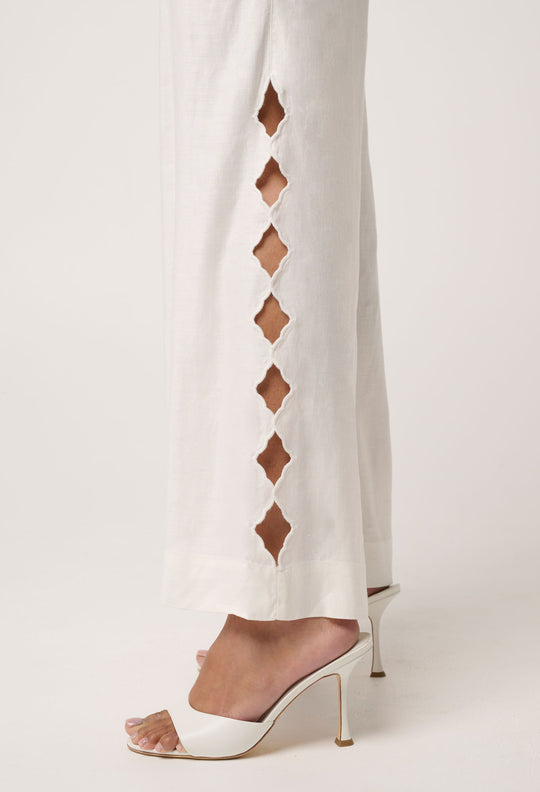 Kayla Stretch Linen Viscose Embroidered Pant in Ivory