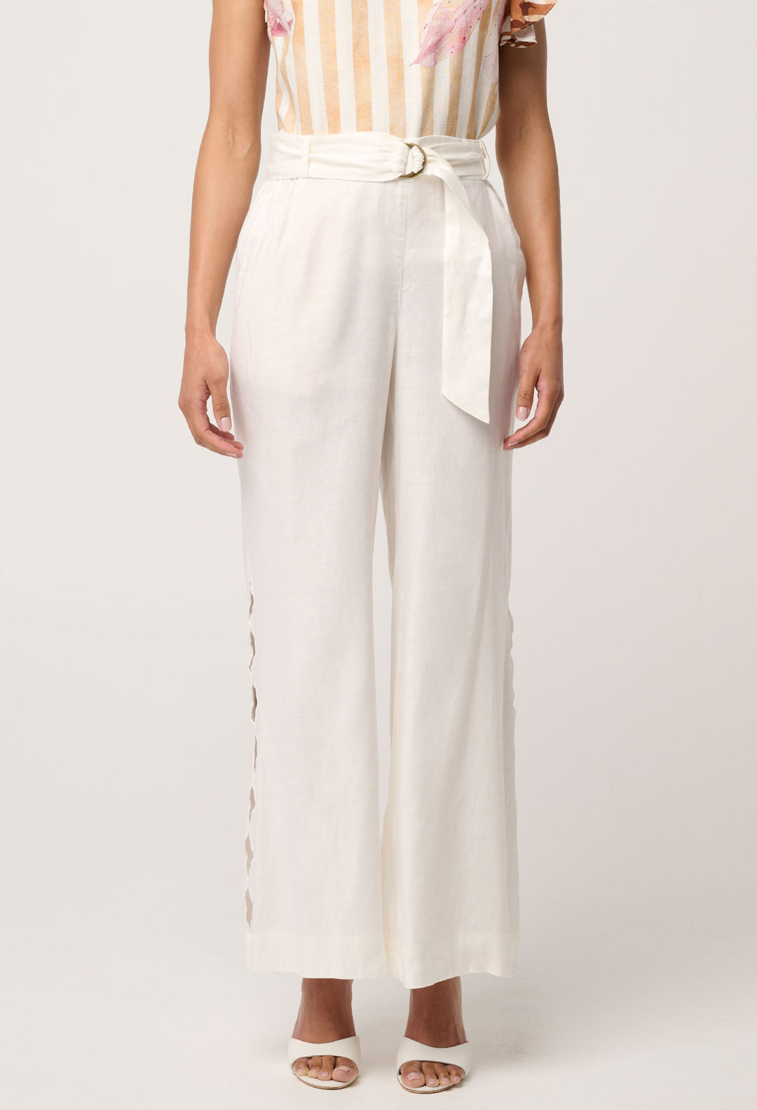 Kayla Stretch Linen Viscose Embroidered Pant in Ivory