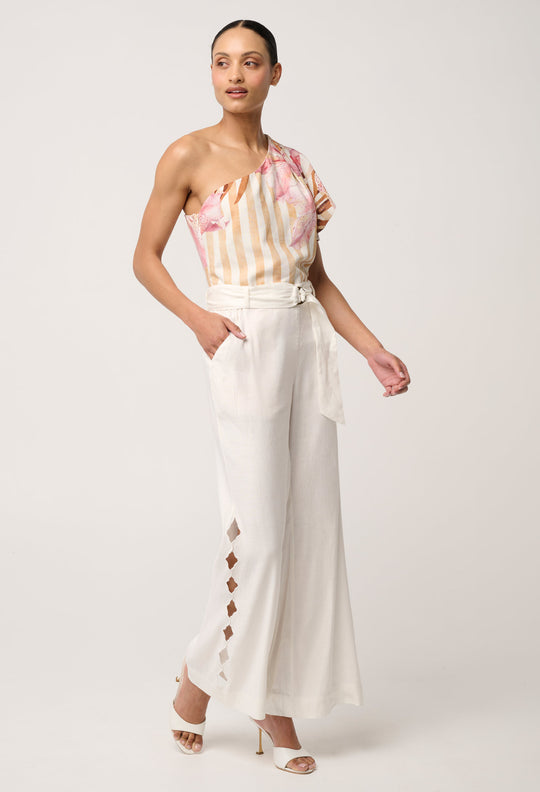 Kayla Stretch Linen Viscose Embroidered Pant in Ivory
