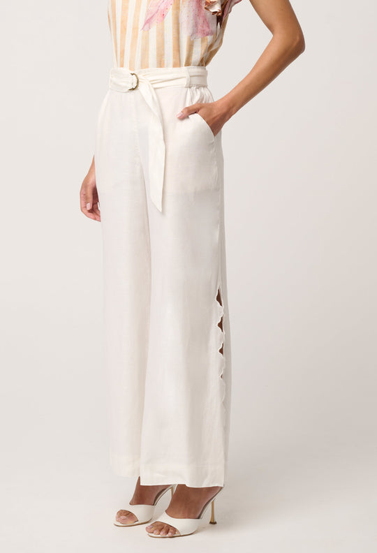 Kayla Stretch Linen Viscose Embroidered Pant in Ivory