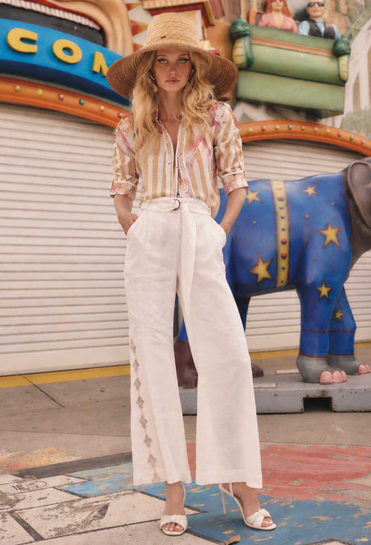 Kayla Stretch Linen Viscose Embroidered Pant in Ivory
