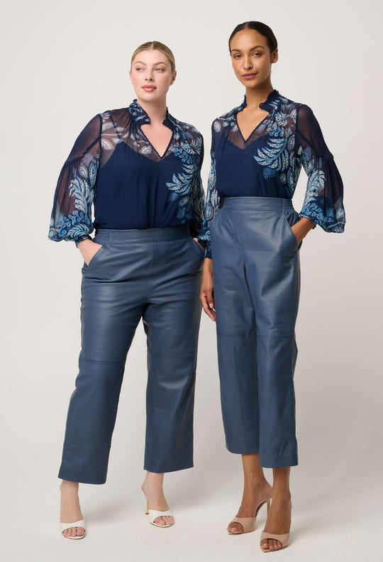 OnceWas Montoya Cropped Leather Straight Leg Pant in Stonewashed Blue