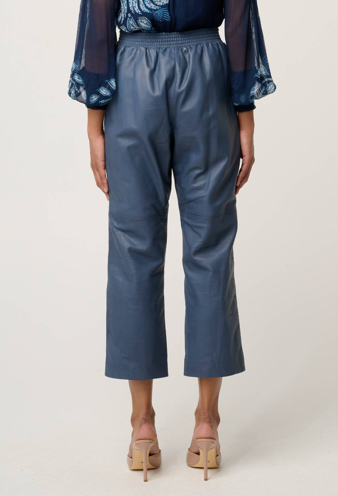 OnceWas Montoya Cropped Leather Straight Leg Pant in Stonewashed Blue