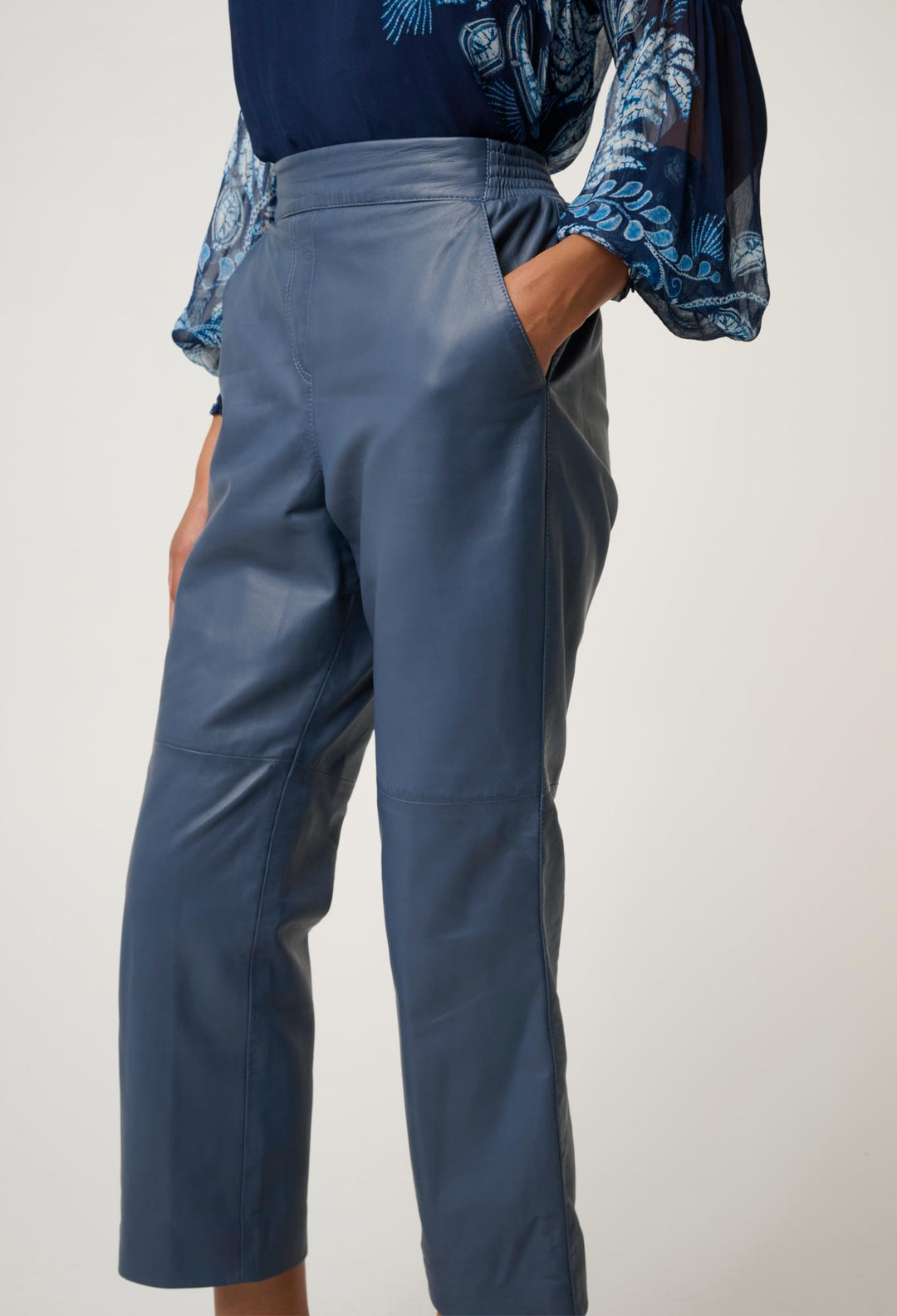 OnceWas Montoya Cropped Leather Straight Leg Pant in Stonewashed Blue