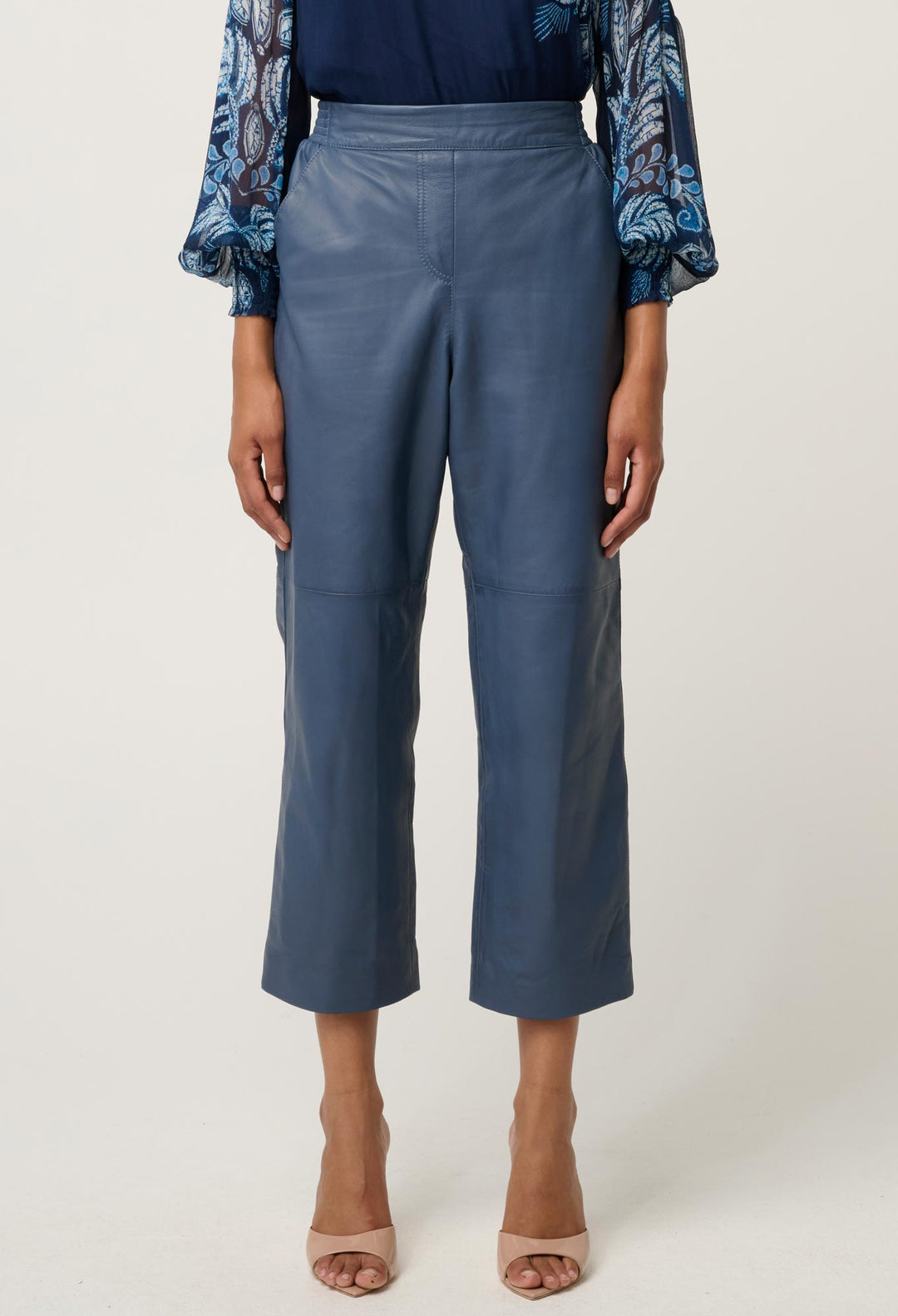 OnceWas Montoya Cropped Leather Straight Leg Pant in Stonewashed Blue