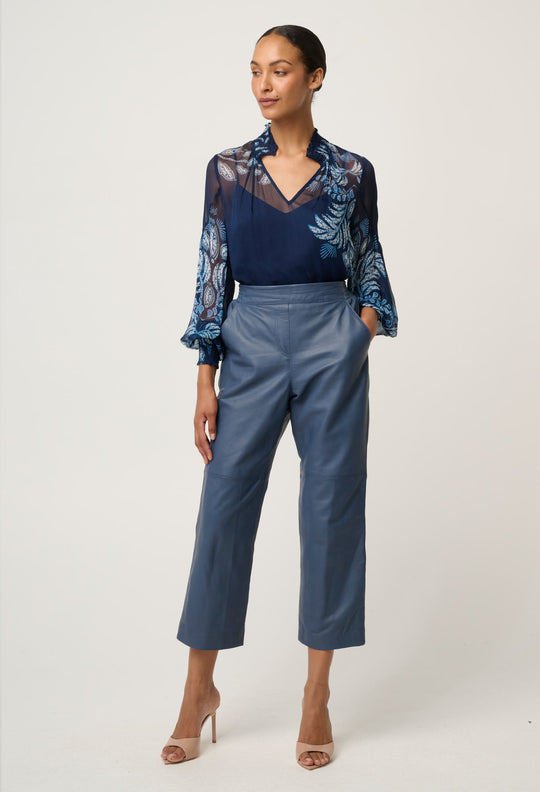 OnceWas Montoya Cropped Leather Straight Leg Pant in Stonewashed Blue