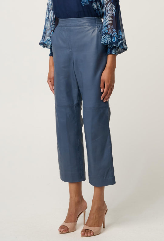 OnceWas Montoya Cropped Leather Straight Leg Pant in Stonewashed Blue
