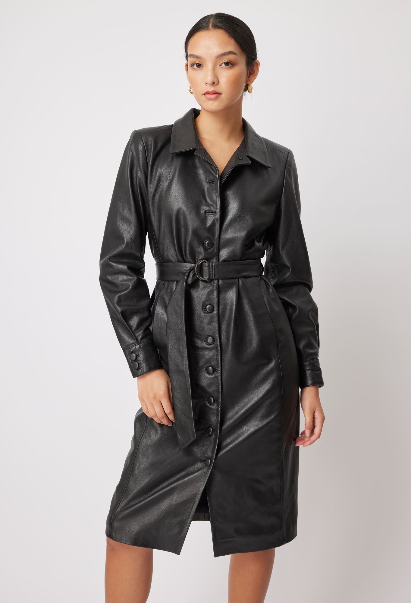 OnceWas Loren Leather Shirt Dress in Black