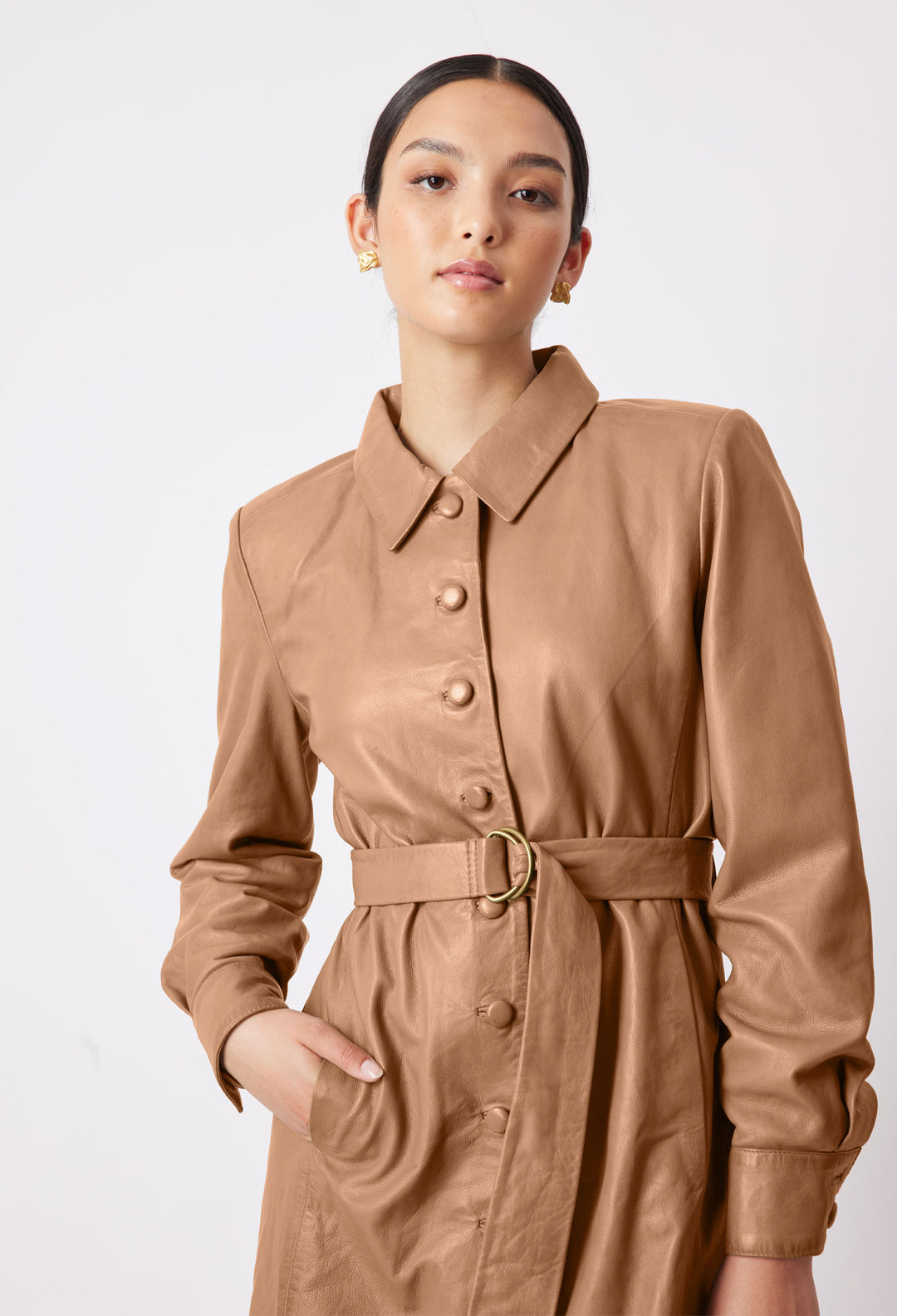 Loren Leather Shirt Dress in Husk