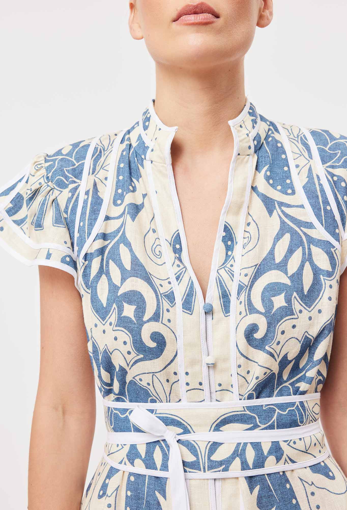 OnceWas Panama Linen Viscose Maxi Dress in Del Sol Azure