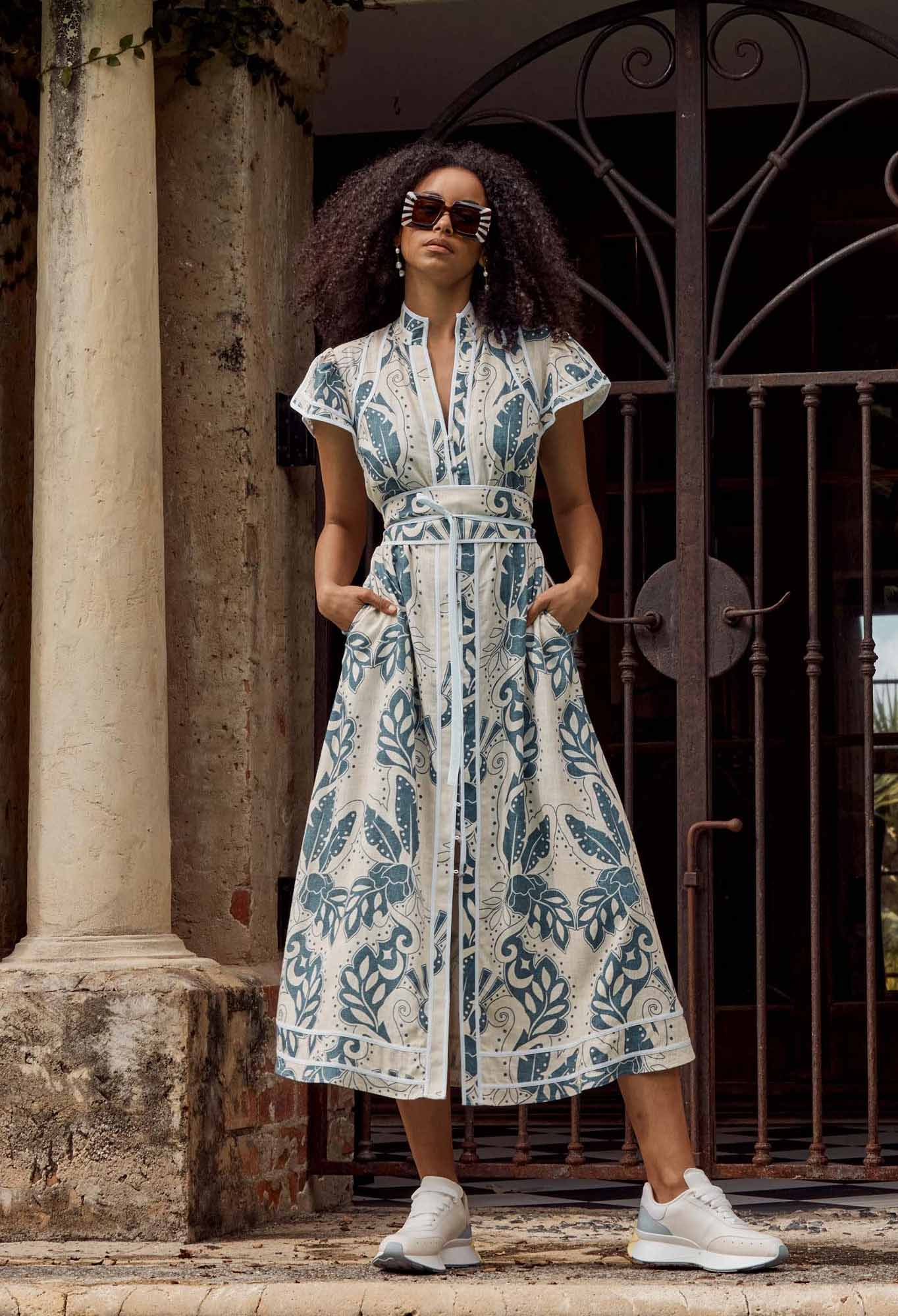 OnceWas Panama Linen Viscose Maxi Dress in Del Sol Azure