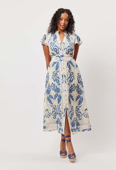 OnceWas Panama Linen Viscose Maxi Dress in Del Sol Azure