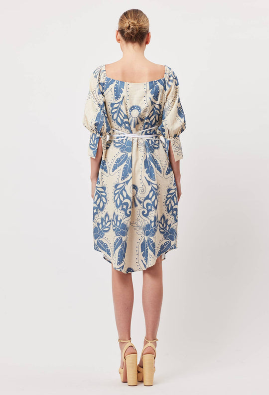 OnceWas Templo Linen Viscose Midi Dress in Del Sol Azure