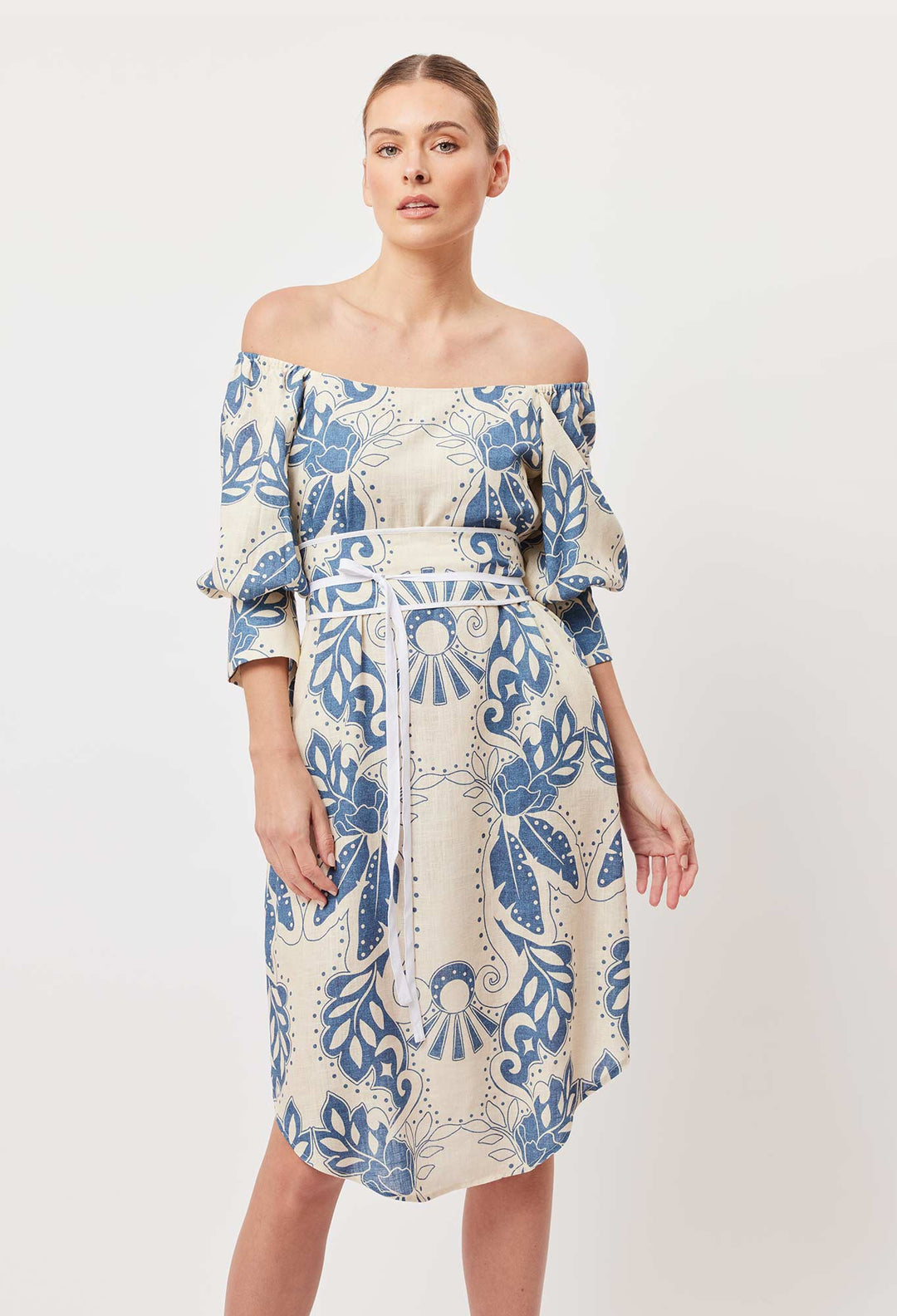 OnceWas Templo Linen Viscose Midi Dress in Del Sol Azure