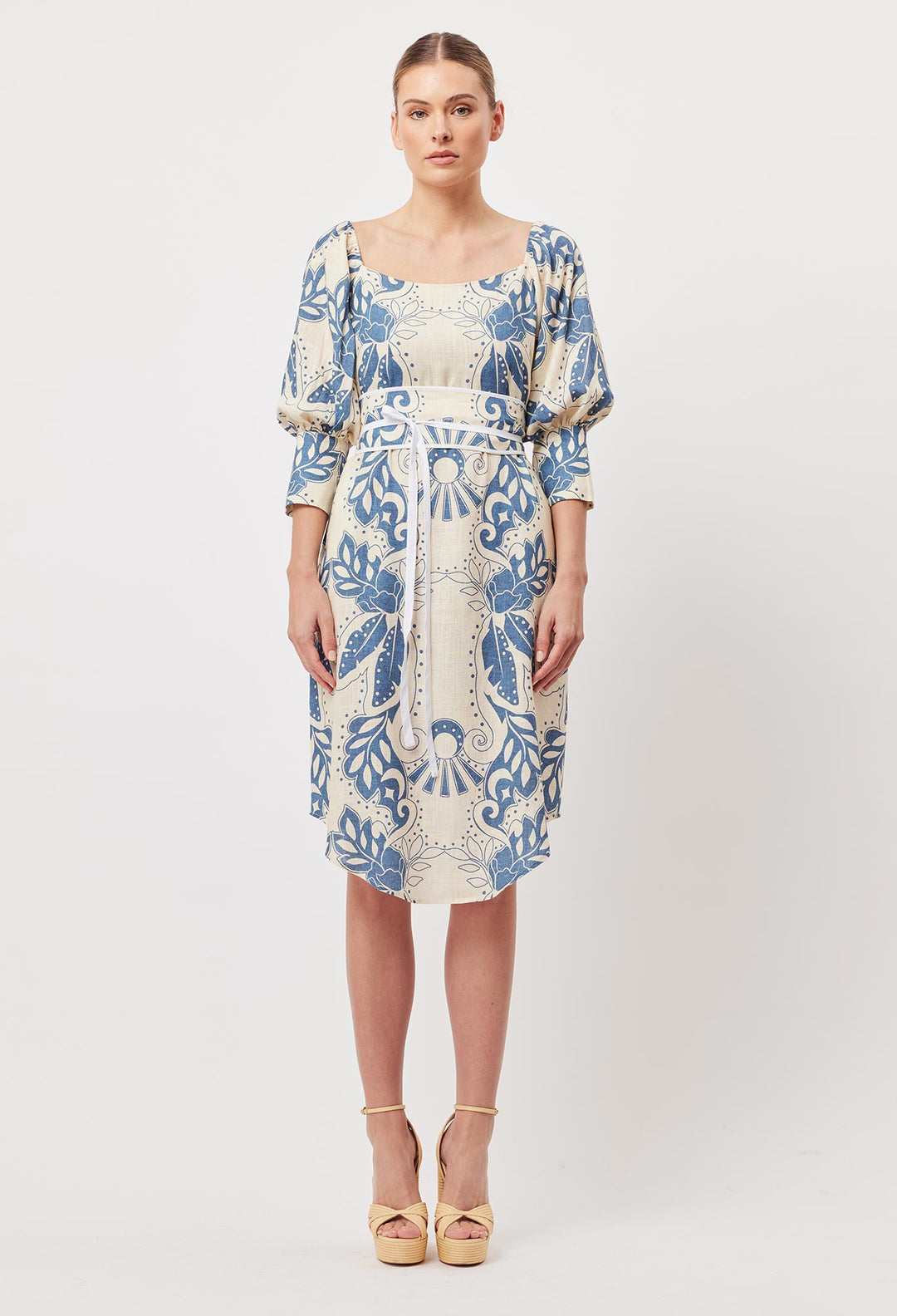 OnceWas Templo Linen Viscose Midi Dress in Del Sol Azure