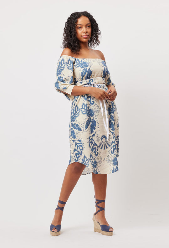 OnceWas Templo Linen Viscose Midi Dress in Del Sol Azure