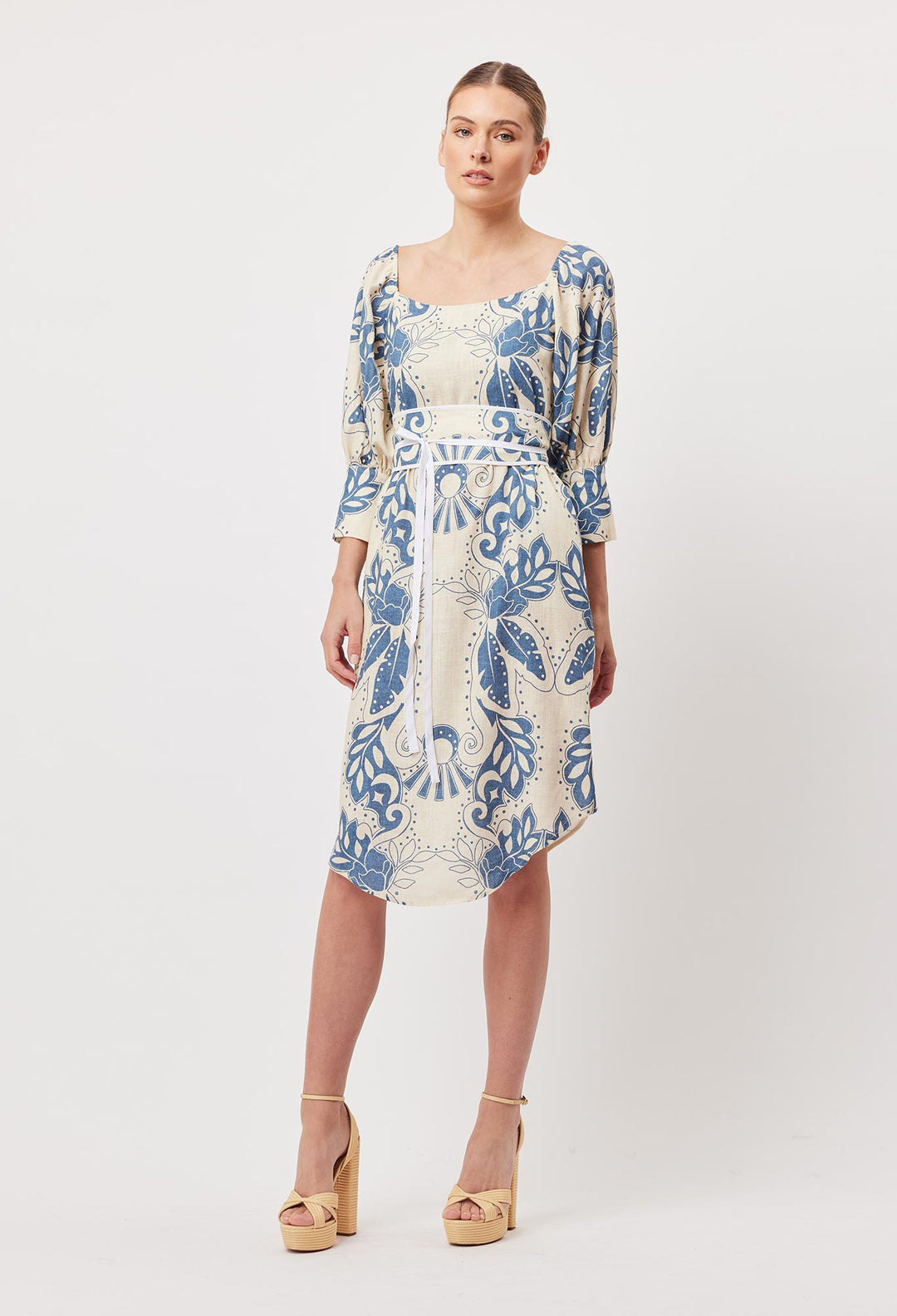 OnceWas Templo Linen Viscose Midi Dress in Del Sol Azure