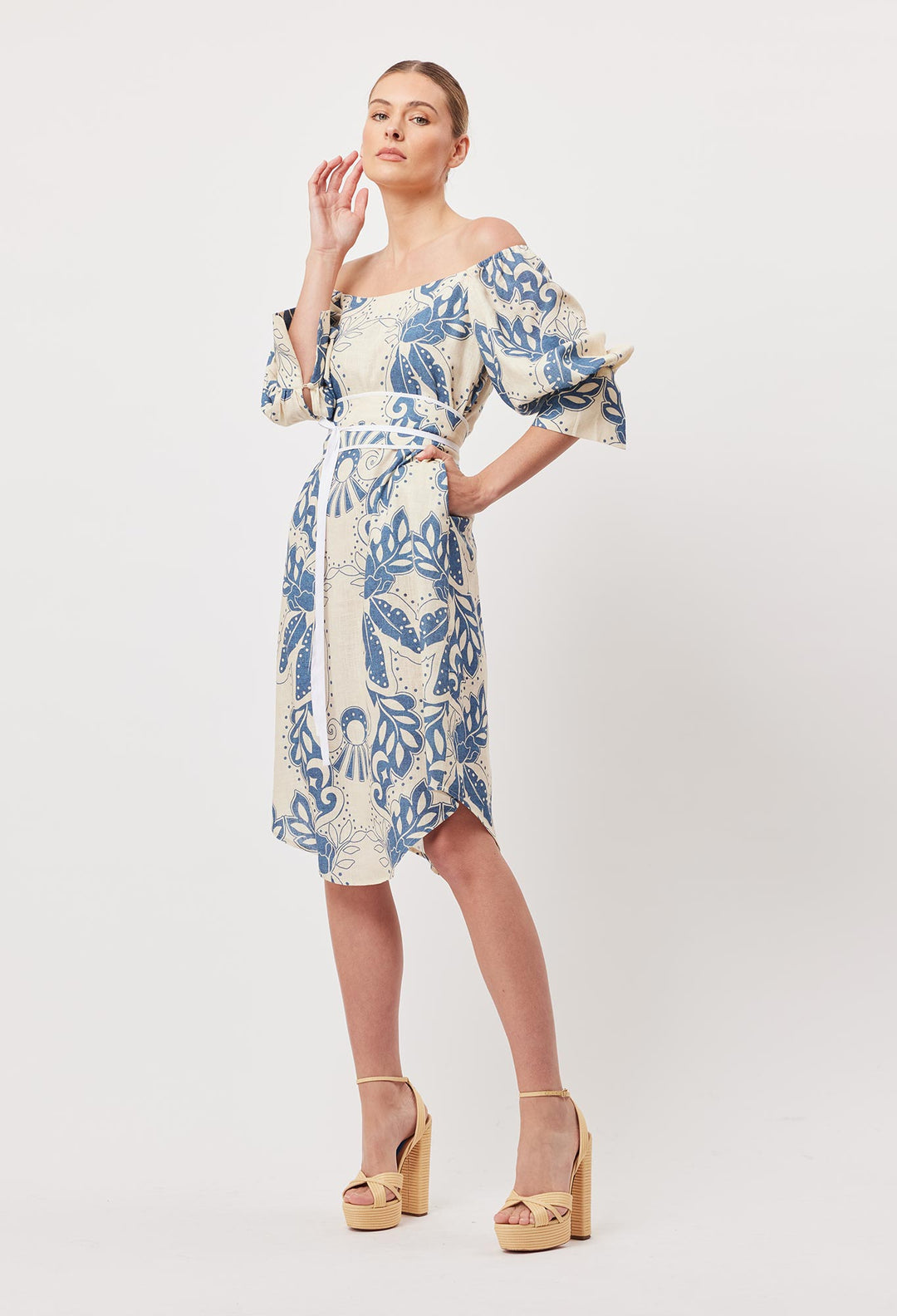 OnceWas Templo Linen Viscose Midi Dress in Del Sol Azure