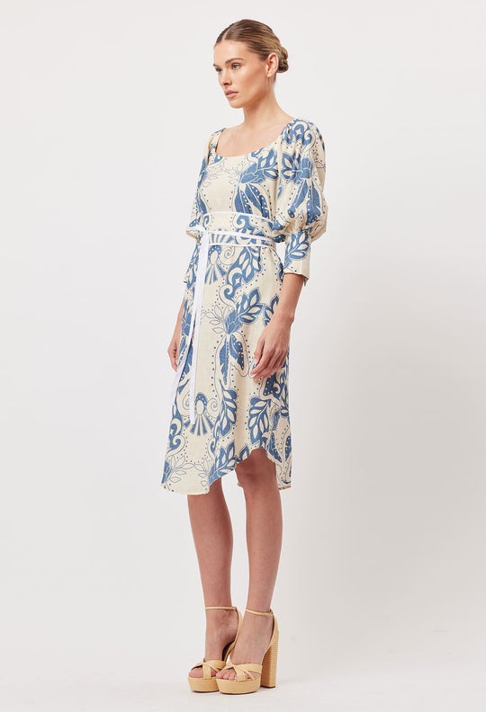 OnceWas Templo Linen Viscose Midi Dress in Del Sol Azure