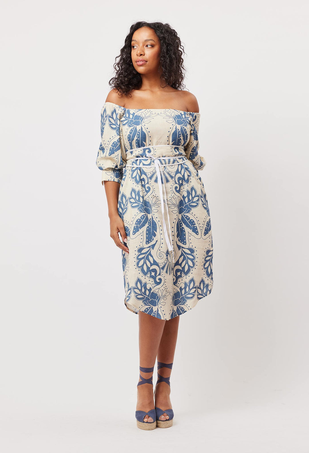 OnceWas Templo Linen Viscose Midi Dress in Del Sol Azure