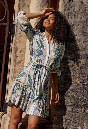 OnceWas Granada Linen Viscose Dress in Del Sol Azure