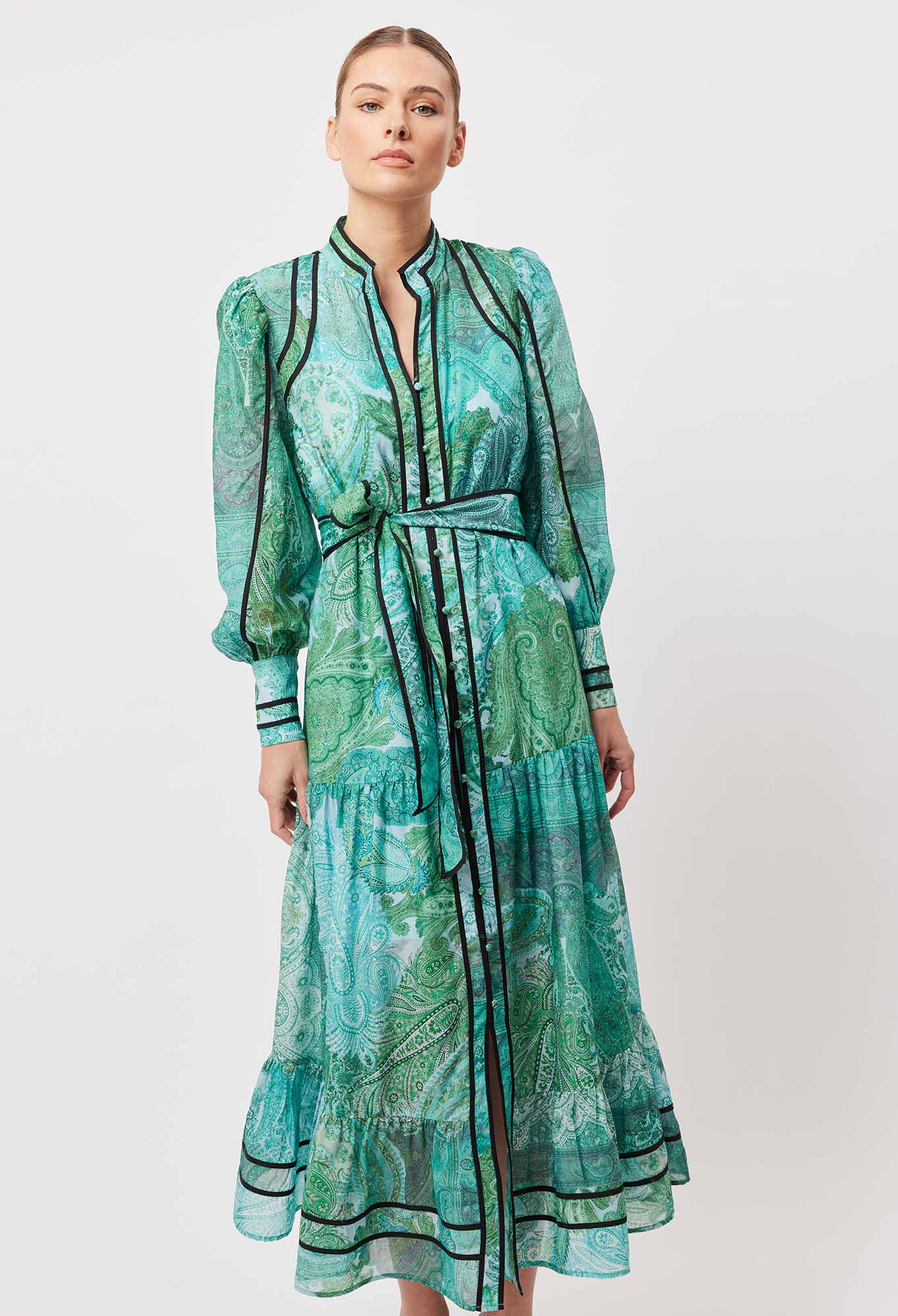 OnceWas Odyssey Cotton Silk Maxi Coat Dress in Jade Exotic