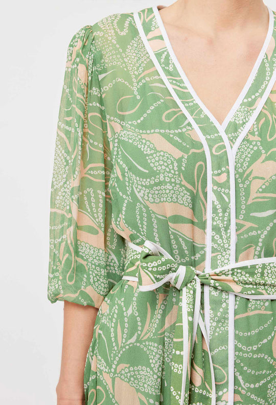 OnceWas Tulum Viscose Chiffon Coat Dress in Jungle Tropico