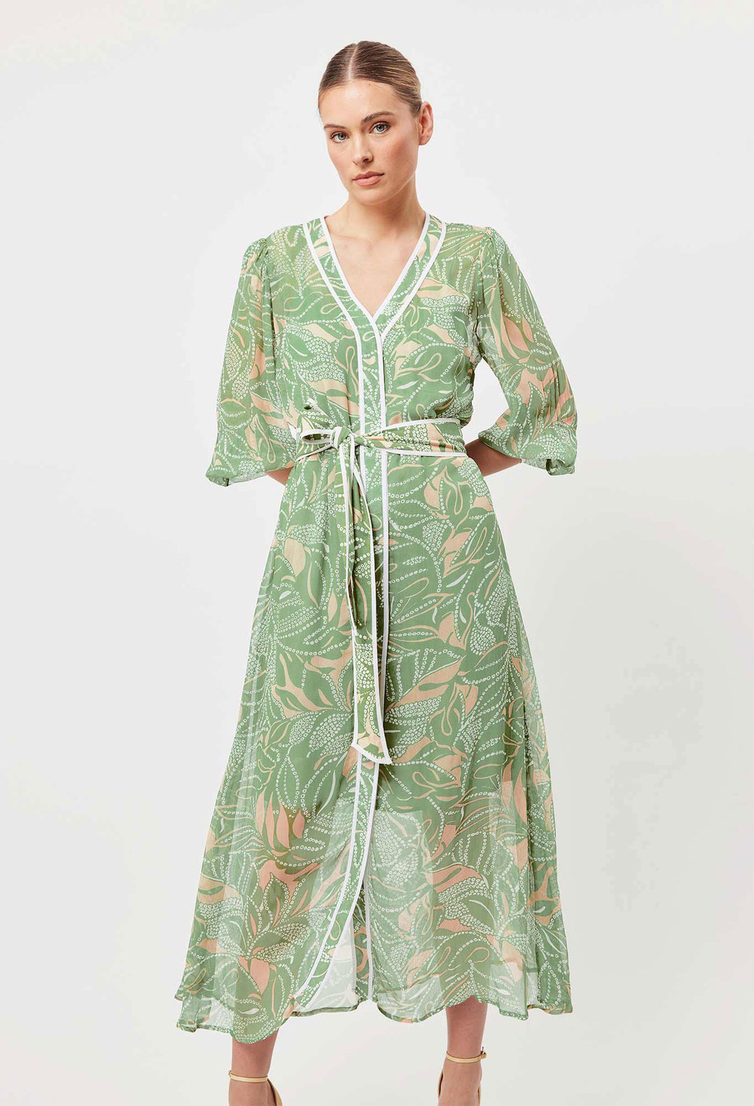 OnceWas Tulum Viscose Chiffon Coat Dress in Jungle Tropico