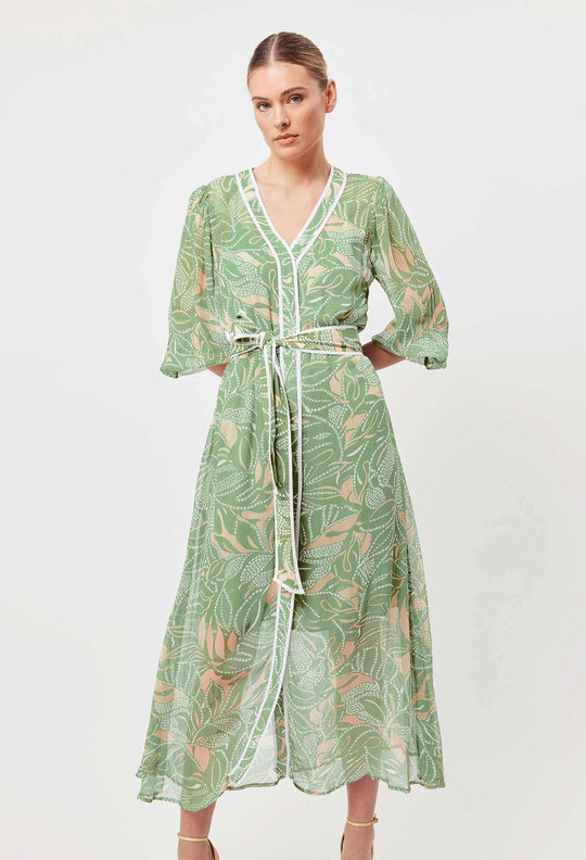 OnceWas Tulum Viscose Chiffon Coat Dress in Jungle Tropico