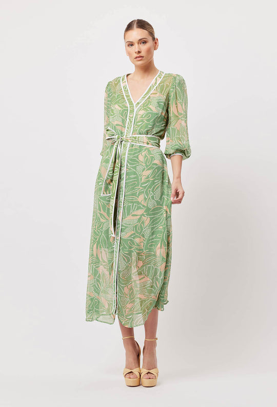 OnceWas Tulum Viscose Chiffon Coat Dress in Jungle Tropico