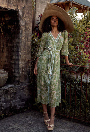 OnceWas Tulum Viscose Chiffon Coat Dress in Jungle Tropico