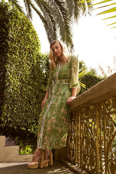 OnceWas Tulum Viscose Chiffon Coat Dress in Jungle Tropico
