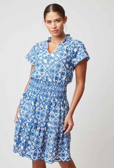 OnceWas Positano Embroidered Viscose Dress in Azure Embroidery