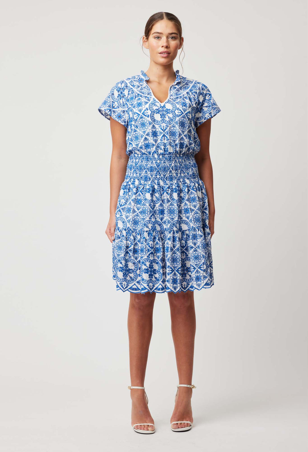 OnceWas Positano Embroidered Viscose Dress in Azure Embroidery