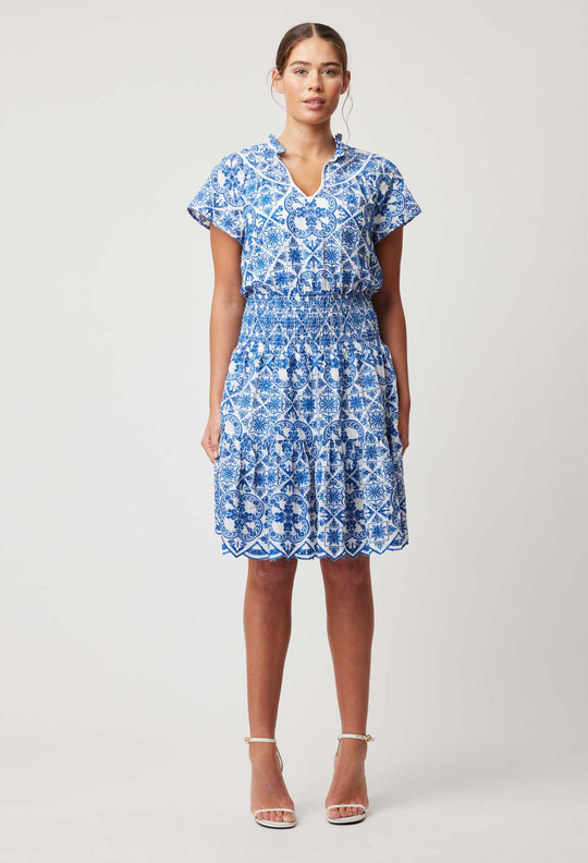 OnceWas Positano Embroidered Viscose Dress in Azure Embroidery