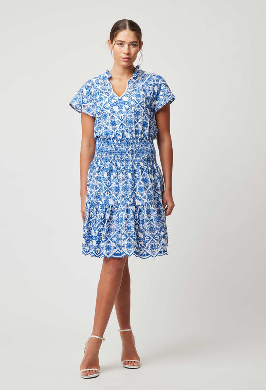 OnceWas Positano Embroidered Viscose Dress in Azure Embroidery